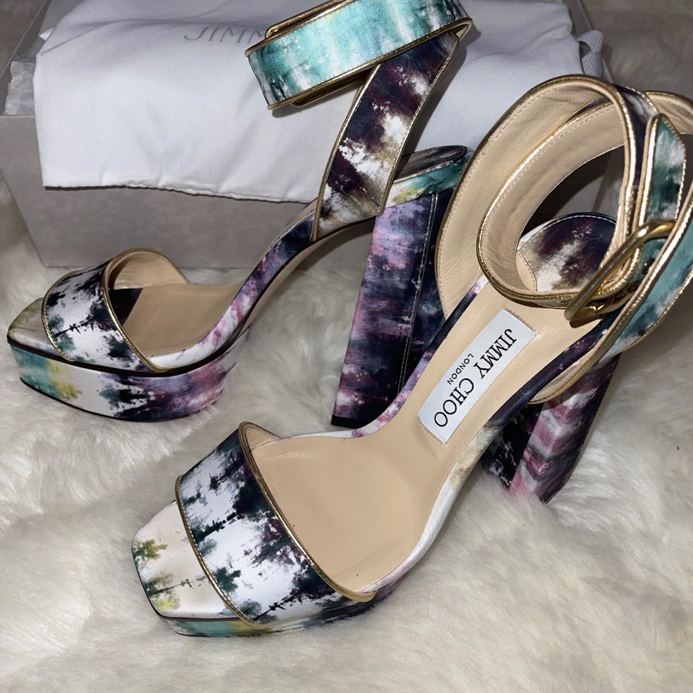Jimmy Choo Multi-Color Tie-Dye Ankle Strap Block Heel Sandals - Picture 2 of 6